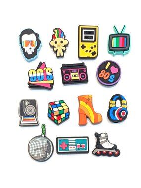 RETRO SHOE CHARM COLLECTION (Pack of 14) Fits Both Shoelaces and Clogs